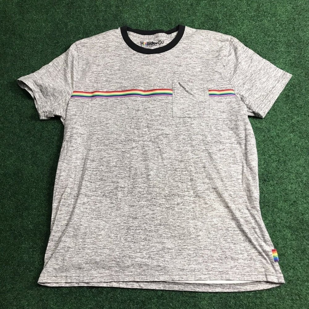 Hollister T Shirt Size L Mens Short Sleeve Pocket Tee Rainbow LGBT